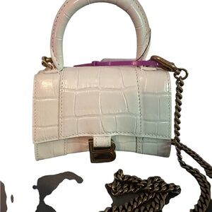 Balenciaga White Hourglass Croc-Embossed Mini Top-Handle Bag with Gold Chain